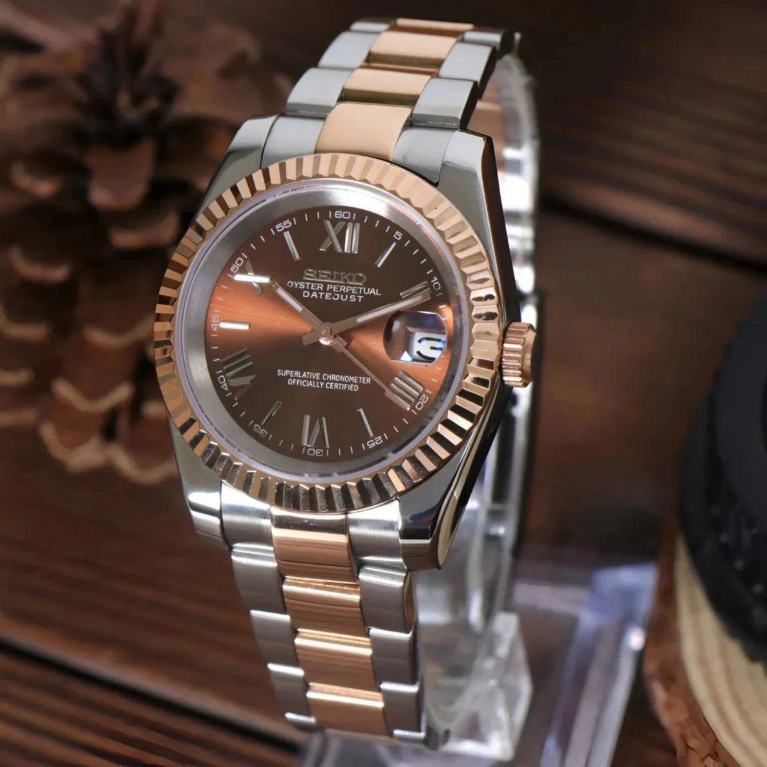 Seiko Mod Datejust "Two-Tone Rose Gold Chocolate Roman"
